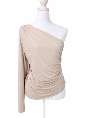 H&M One-Shoulder Draped Long Sleeve Top in Beige size XXL